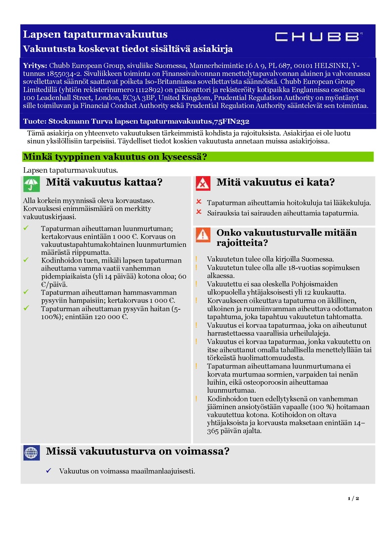 Stockmann Turva Lapsen Tapaturmavakuutus